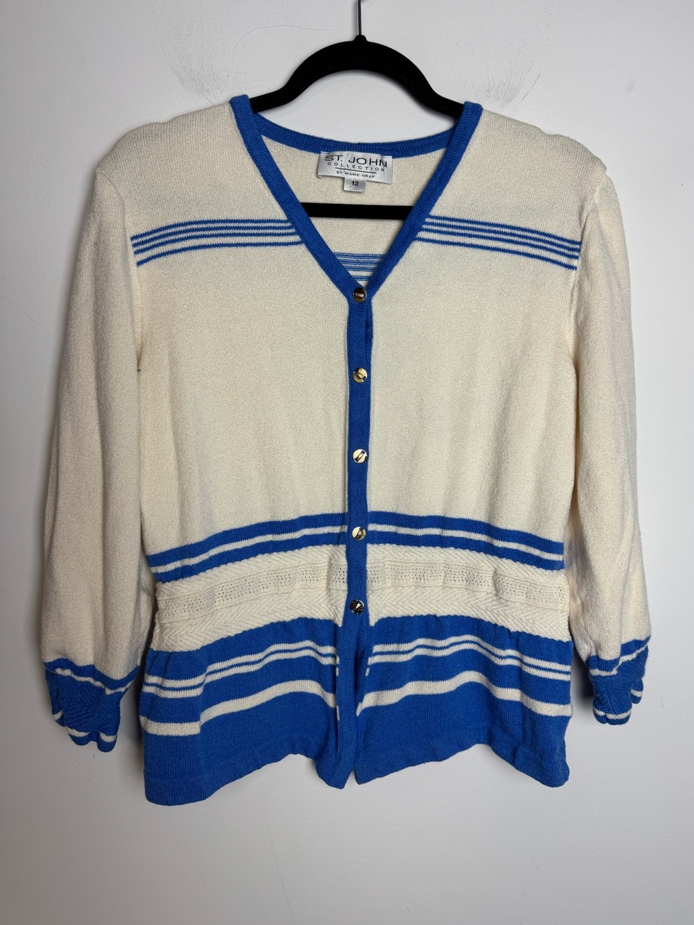 St. John Cream & Blue Striped V-Neck Cardigan